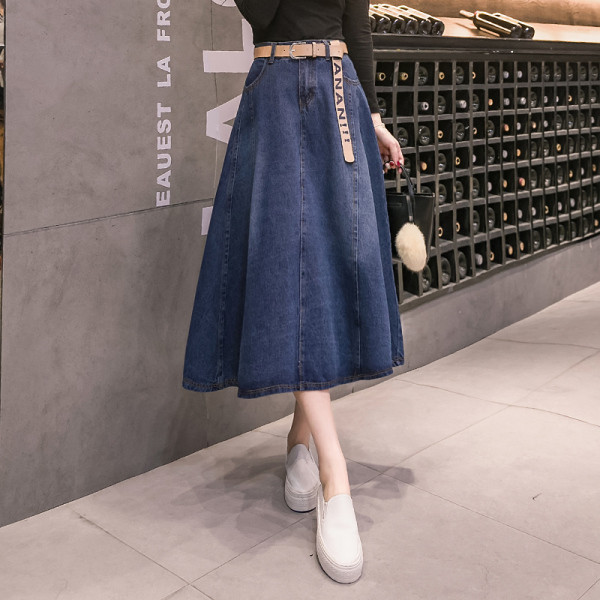 Дънкова дамска пола с висока талия и колан с надпис 