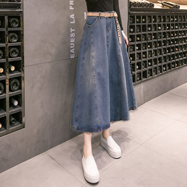 Дънкова дамска пола с висока талия и колан с надпис 