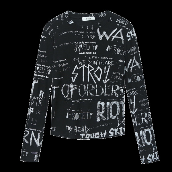 Laisva moteriška palaidinė su užrašais ir apvalia iškirpte