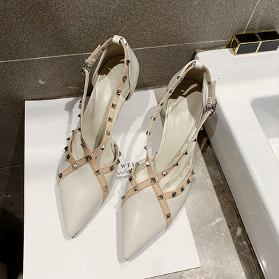 Moderns sieviešu apavu smails modelis ar plānu papēdi un metāla kniedēm