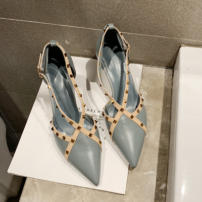 Moderns sieviešu apavu smails modelis ar plānu papēdi un metāla kniedēm