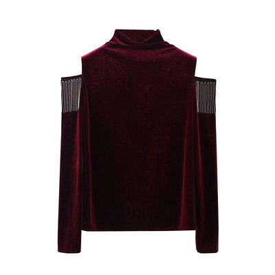 Női bársony blúz retro stílusban pólógallérral és csupasz vállakkal