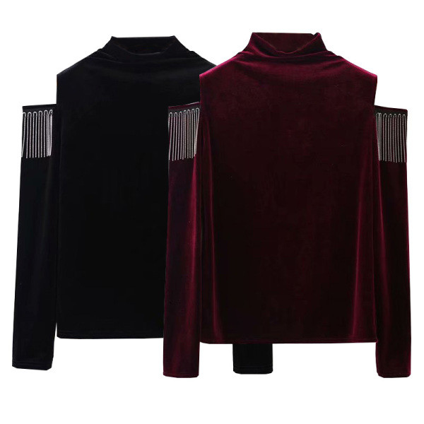 Női bársony blúz retro stílusban pólógallérral és csupasz vállakkal