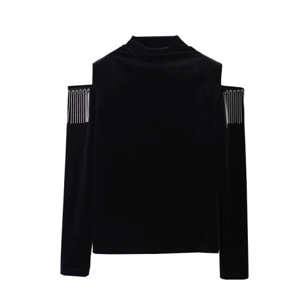 Női bársony blúz retro stílusban pólógallérral és csupasz vállakkal