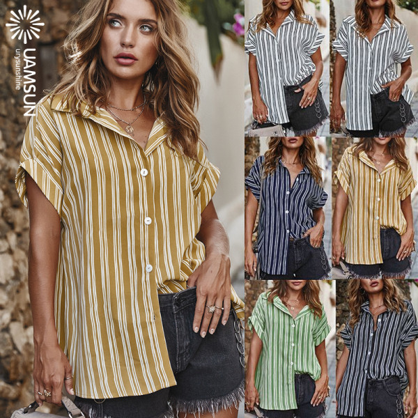 Moderns sieviešu svītrains krekls ar pogām un īsām piedurknēm