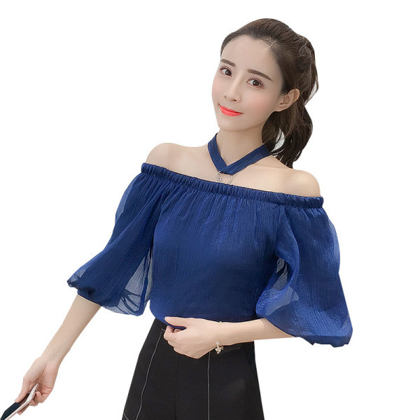 Модерна дамска блуза с паднали ръкави и метален елемент 