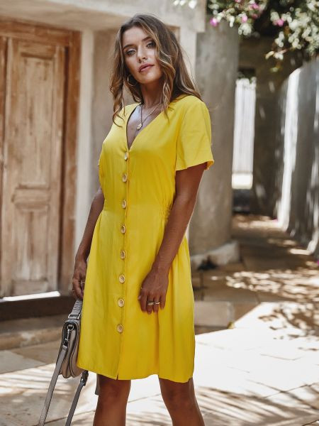 Rochie modernă de damă cu decolteu spitz și mâneci scurte