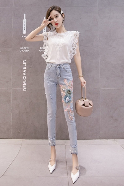 Ежедневни дамски дълги дънки с висока талия и 3D елемент