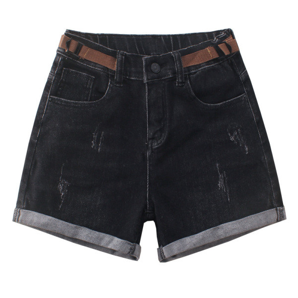 Moteriški džinsiniai šortai su plėšytais motyvais – aukštu liemeniu