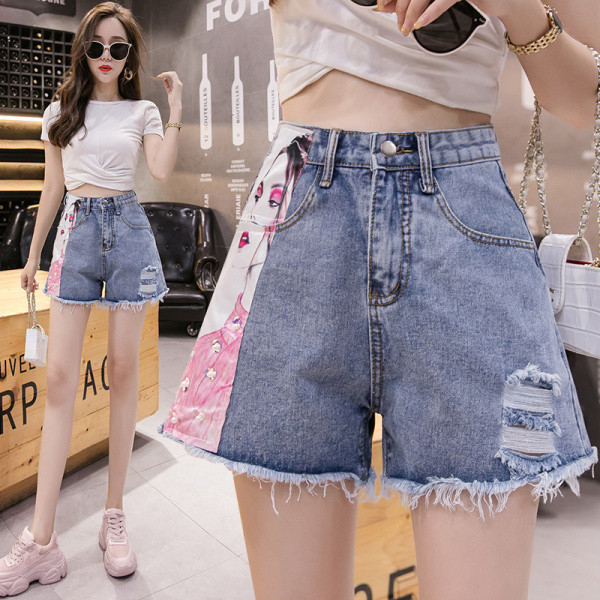 Női alkalmi rövid farmernadrág magas derékkal, színes rátéttel