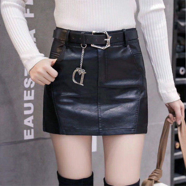 Öko-nahast lühikesed naiste seelik-püksid kõrge vöö ja vööga