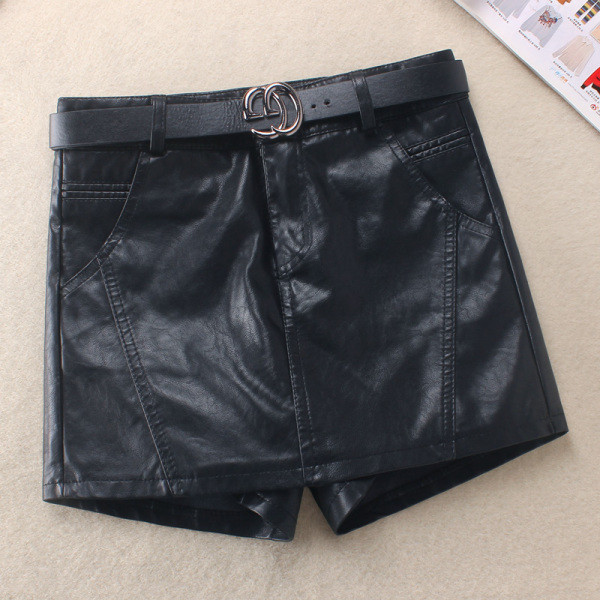 Öko-nahast lühikesed naiste seelik-püksid kõrge vöö ja vööga