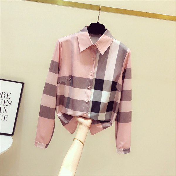 Rūtains sieviešu pavasara krekls ar klasisku apkakli