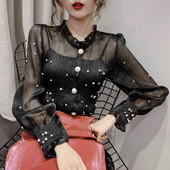 Jauna modeļa sieviešu blūze ar pērlēm un pogām