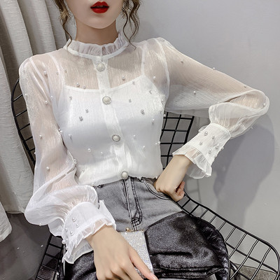 Jauna modeļa sieviešu blūze ar pērlēm un pogām