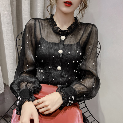 Jauna modeļa sieviešu blūze ar pērlēm un pogām