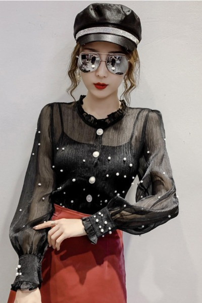 Jauna modeļa sieviešu blūze ar pērlēm un pogām