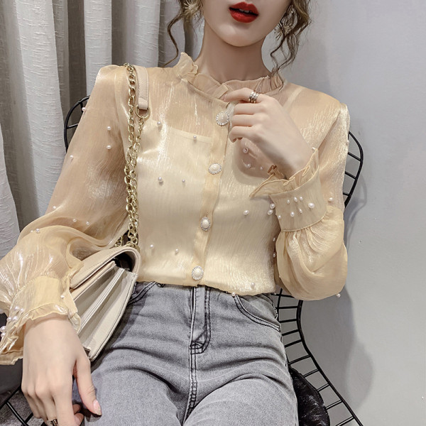 Jauna modeļa sieviešu blūze ar pērlēm un pogām