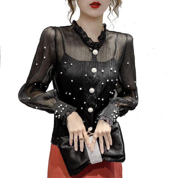 Jauna modeļa sieviešu blūze ar pērlēm un pogām