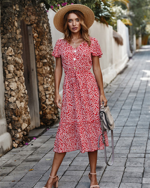 Naujo modelio moteriška suknelė su špicine iškirpte, trumpomis rankovėmis ir gėlių raštu