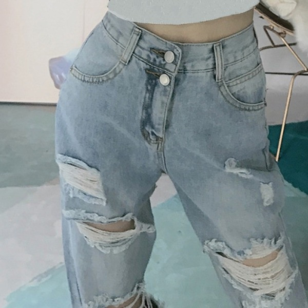 Mūsdienīgi sieviešu džinsi ar augstu vidukli un plēstiem motīviem