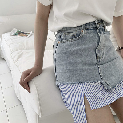 Нов модел дамска дънкова пола със раирани части и скъсани мотиви