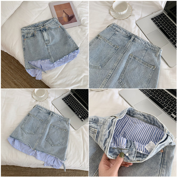 Нов модел дамска дънкова пола със раирани части и скъсани мотиви