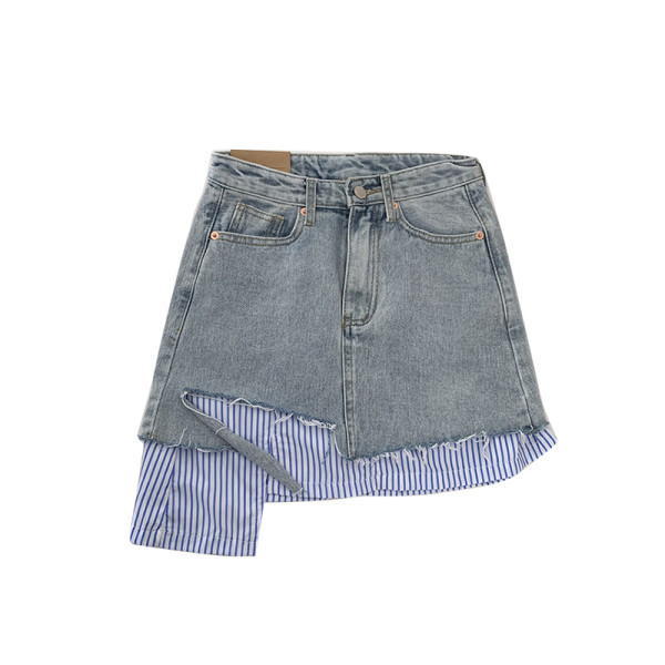 Нов модел дамска дънкова пола със раирани части и скъсани мотиви