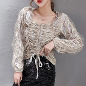 Šiuolaikinė moteriška aksominė palaidinė su kaklaraiščiais ir kvadratine iškirpte