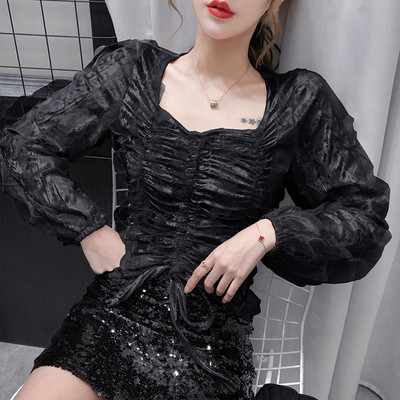 Šiuolaikinė moteriška aksominė palaidinė su kaklaraiščiais ir kvadratine iškirpte