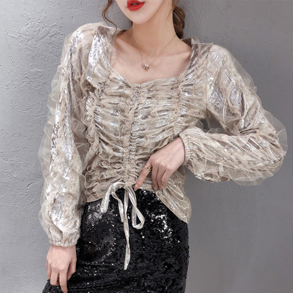 Šiuolaikinė moteriška aksominė palaidinė su kaklaraiščiais ir kvadratine iškirpte