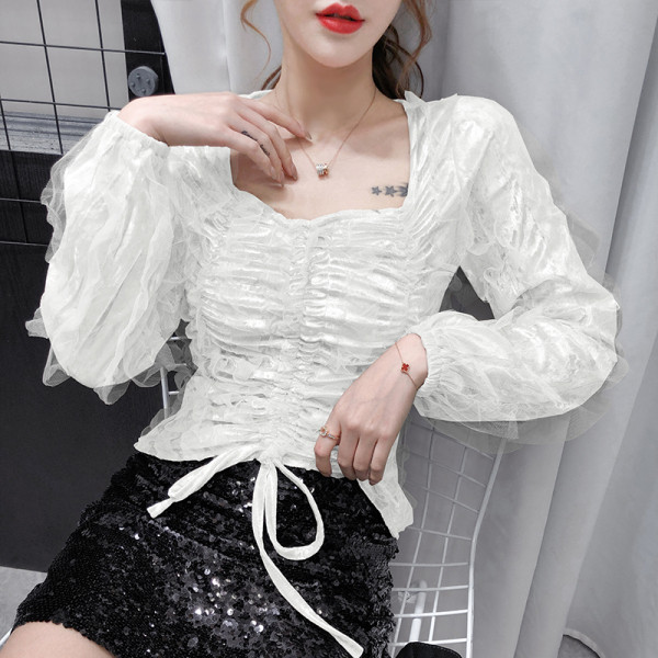 Šiuolaikinė moteriška aksominė palaidinė su kaklaraiščiais ir kvadratine iškirpte