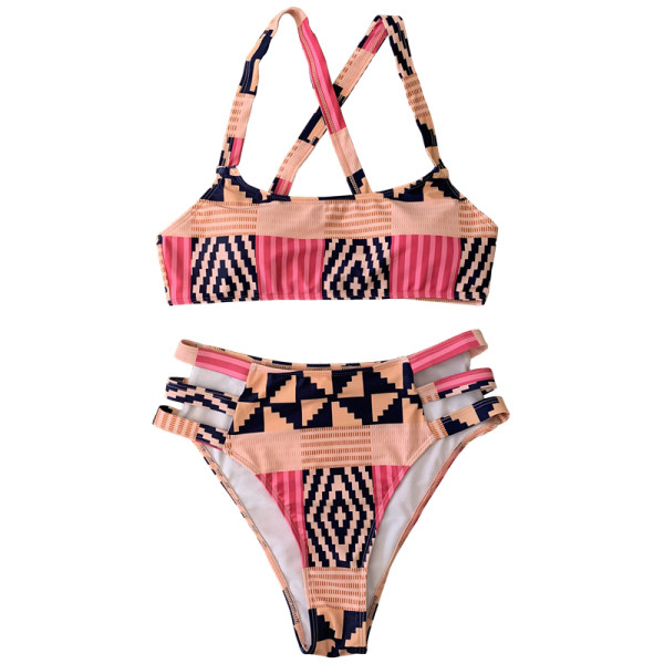 Įvairiaspalvis maudymosi kostiumėlis su kryžminėmis petnešėlėmis nugaroje