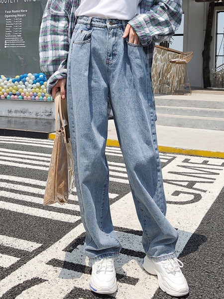 Sieviešu platie džinsi ar augstu vidukli un kabatām