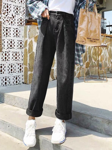 Sieviešu platie džinsi ar augstu vidukli un kabatām