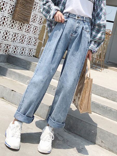 Sieviešu platie džinsi ar augstu vidukli un kabatām