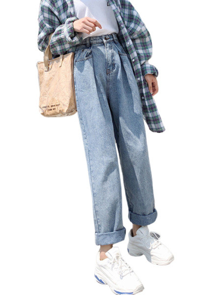 Sieviešu platie džinsi ar augstu vidukli un kabatām