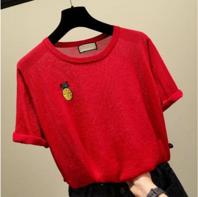 Modernūs moteriški marškinėliai trumpomis rankovėmis ir ananasų siuvinėjimais