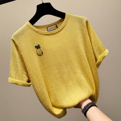 Modernūs moteriški marškinėliai trumpomis rankovėmis ir ananasų siuvinėjimais