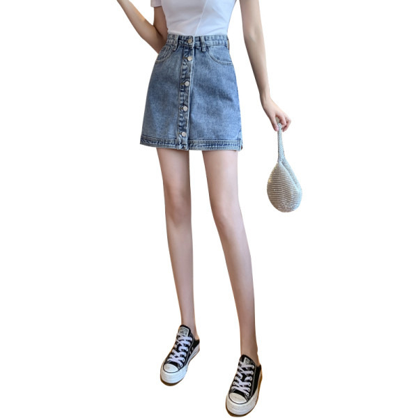 Fusta de dama albastra din denim cu nasturi si buzunare