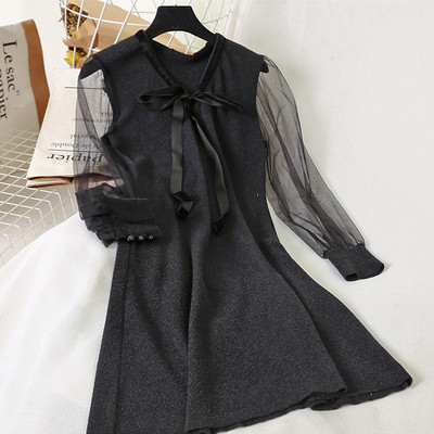 Дамска ежедневна къса рокля с шпиц деколте и дълъг ръкав от тюл