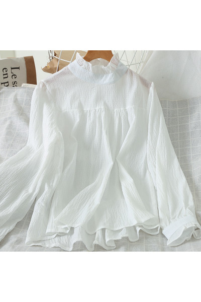 Női alkalmi ing magas gallérral és hosszú ujjú fehér színben