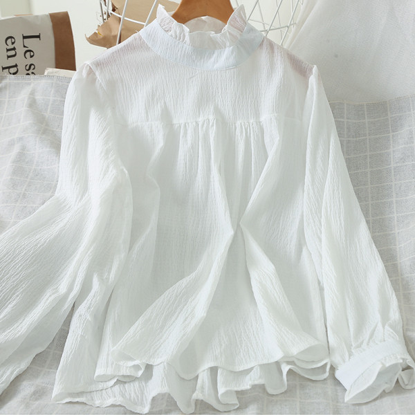 Női alkalmi ing magas gallérral és hosszú ujjú fehér színben