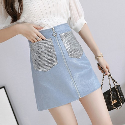 Модерна дамска пола с цип и джобове с пайети