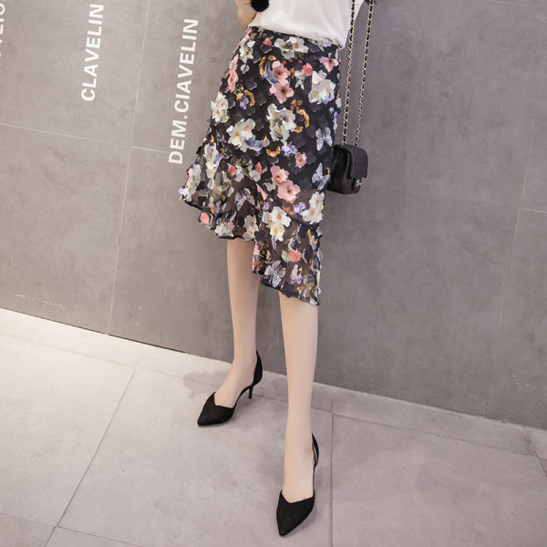 Fusta casual dama asimetrica cu model floral