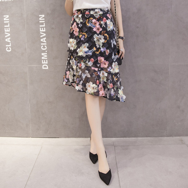 Fusta casual dama asimetrica cu model floral