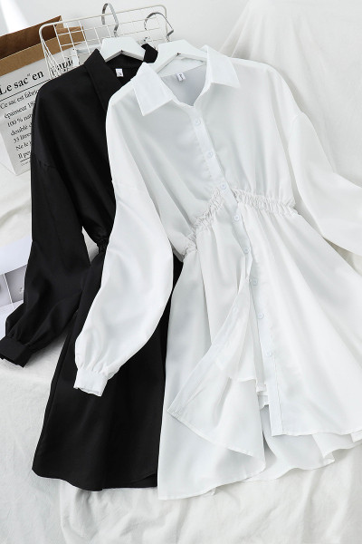 Sieviešu ikdienas kleita ar klasisku apkakli un garām piedurknēm - krekla tipa