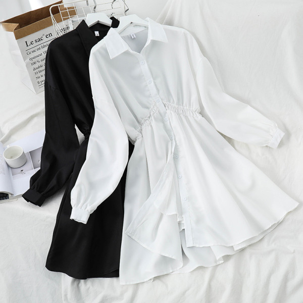 Sieviešu ikdienas kleita ar klasisku apkakli un garām piedurknēm - krekla tipa