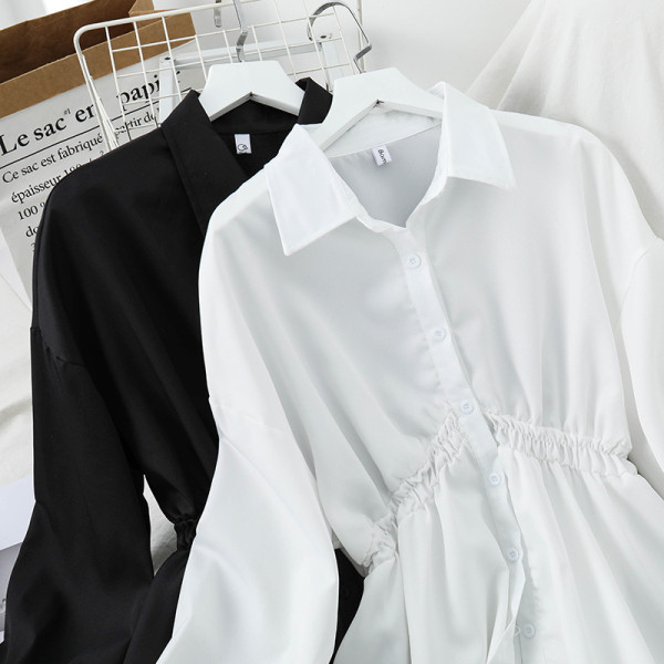 Sieviešu ikdienas kleita ar klasisku apkakli un garām piedurknēm - krekla tipa