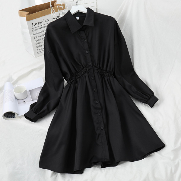 Sieviešu ikdienas kleita ar klasisku apkakli un garām piedurknēm - krekla tipa